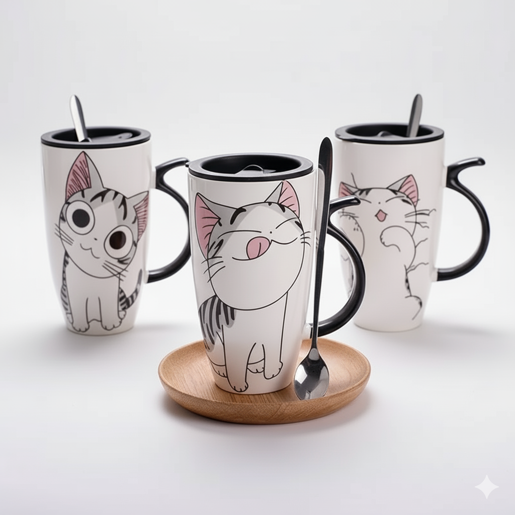 Cat Ceramic Mug with Lid & Spoon