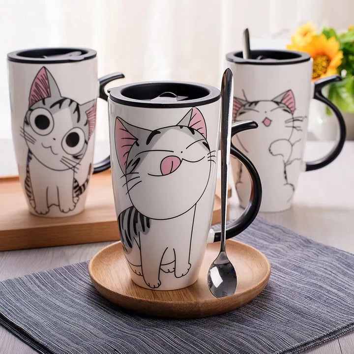 Cat Ceramic Mug with Lid & Spoon - Wooflu